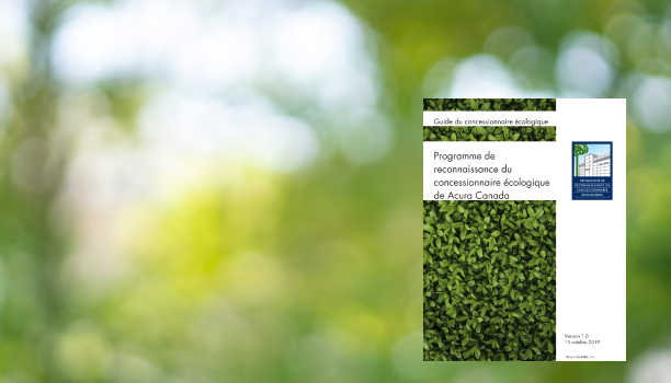Gros plan du guide du concessionnaire écologique avec une forêt en arrière-plan.