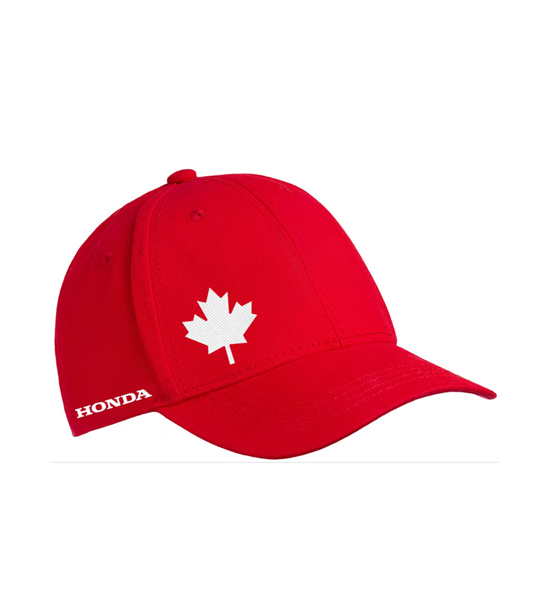 Gros plan d’une casquette de baseball Honda rouge avec une feuille d’érable blanche.