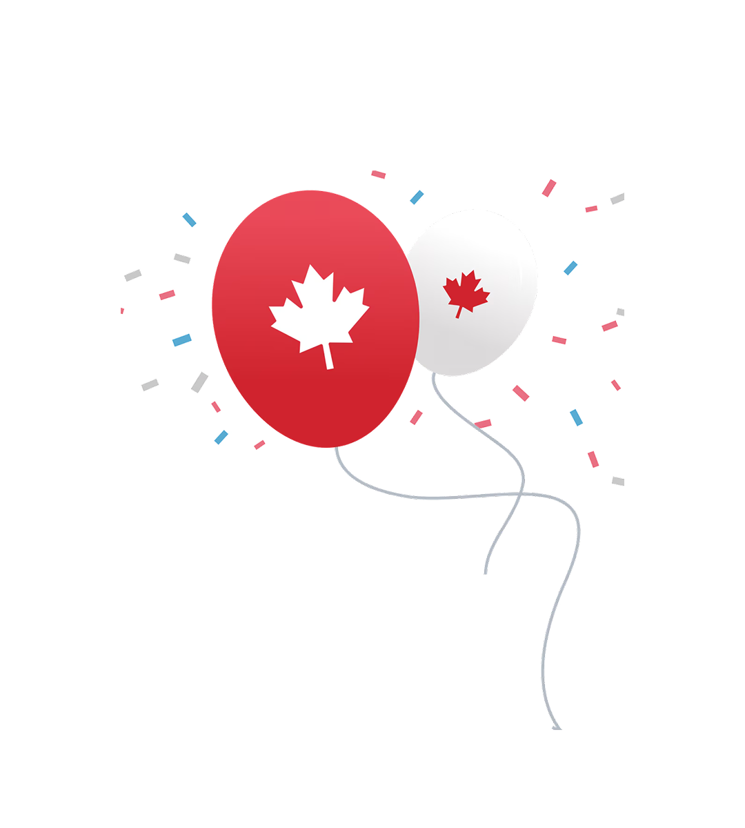 Illustrated balloons with maple leaves float against a background with confetti. 