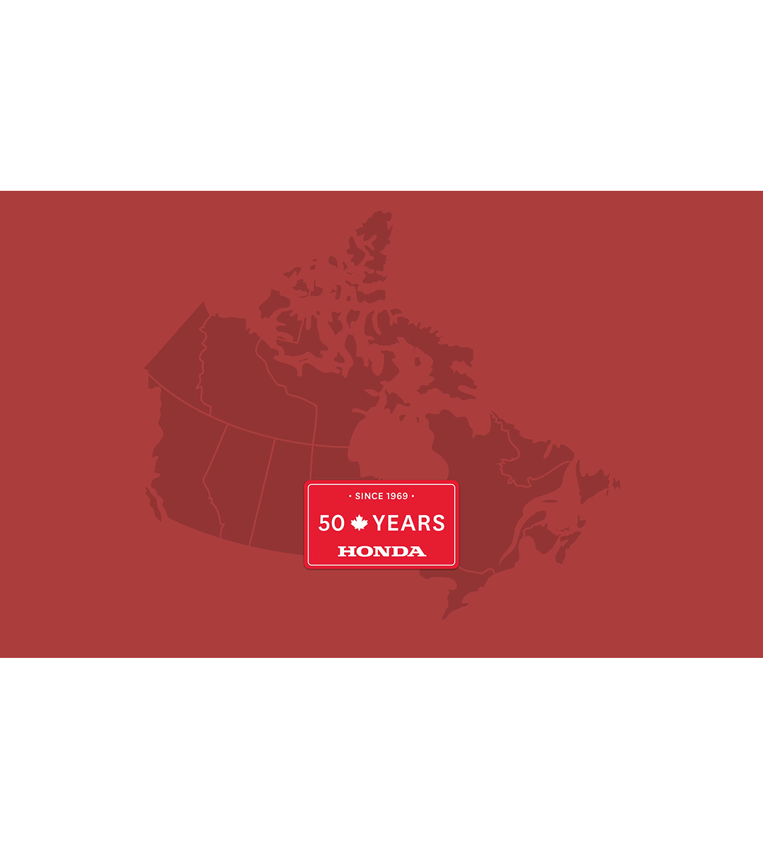 An illustrated map of Canada features a logo announcing 50 years in Canada. 
