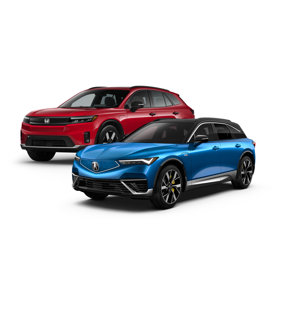 3/4 driver side view of both the Honda Prologue and Acura ZDX shown on a clear background.